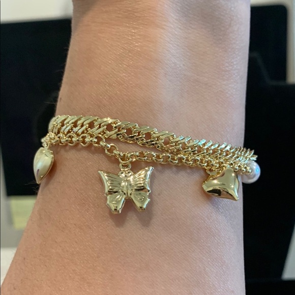 Gold Charm Bracelet with Butterfly and Heart - Picture 1 of 8